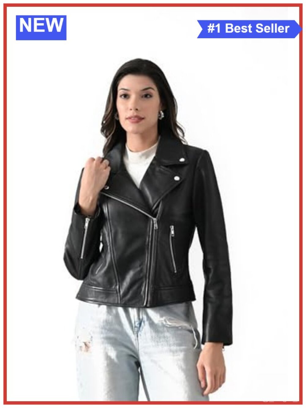 Genuine Leather Biker Jacket Cropped Moto Zip Asymmetrical Casual